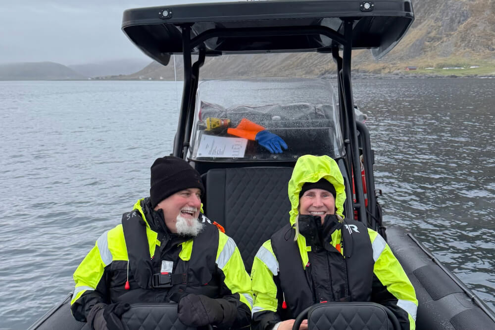 Deborah Wente on an inflatable boat in Norway.