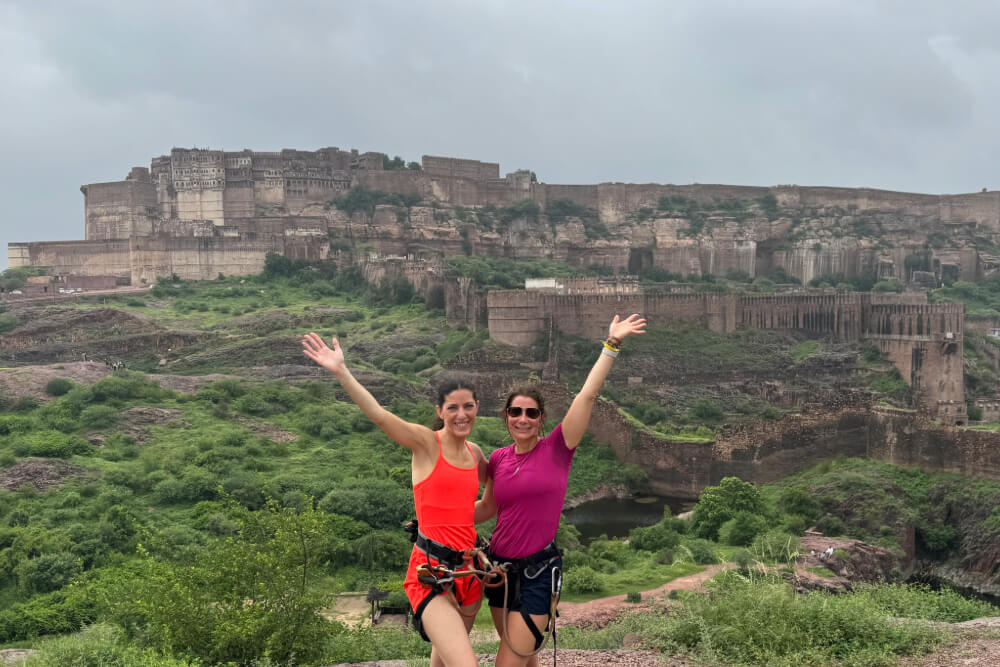 Lauren Schor and a friend during after ziplining at the fort of Jodhpur, India.