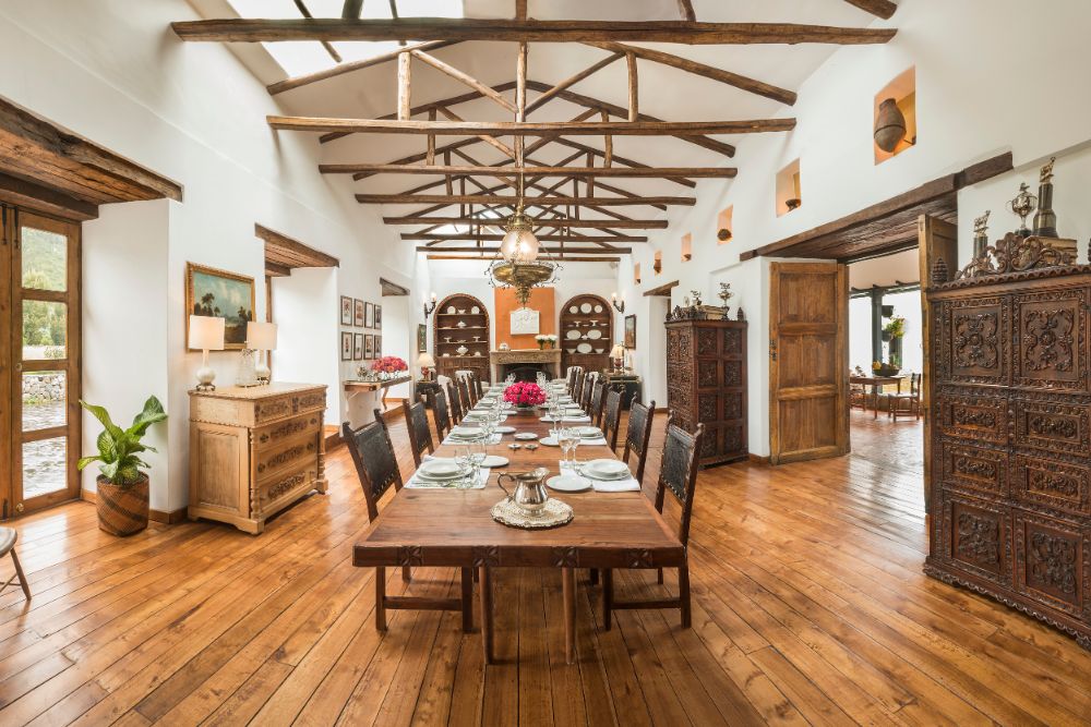 The dinning room area of Hacienda Zuleta boutique hotel in Ecuador.