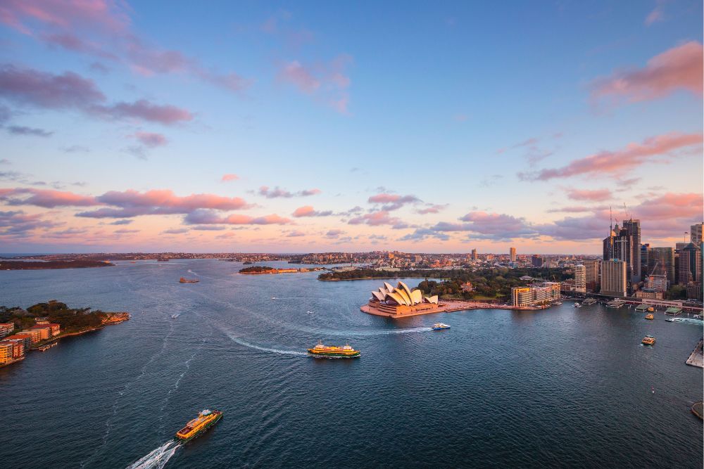The view of Sydney during sunset from Harbour BridgeClimb, Australia.