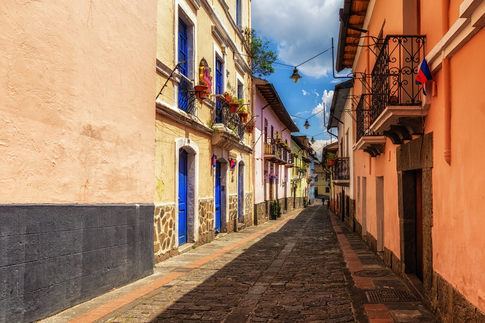 Street view of the famous Calle de la Ronda in the historical center in Quito, Ecuador.