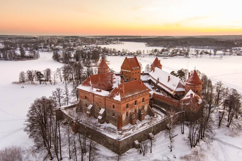 Aerial view of Trakai Castle in winter, in Trakai, Lithuania.