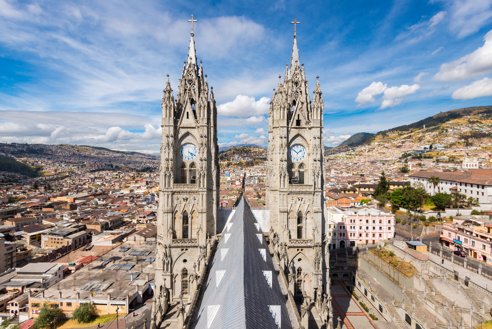 Twin steeples of the Basilica del Voto Nacional, Quito, Ecuador.