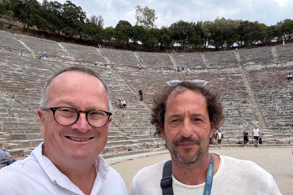 Bill Bass and historian Ilias Papdopoulos at the Ancient Theater of Epidaurus in Greece.