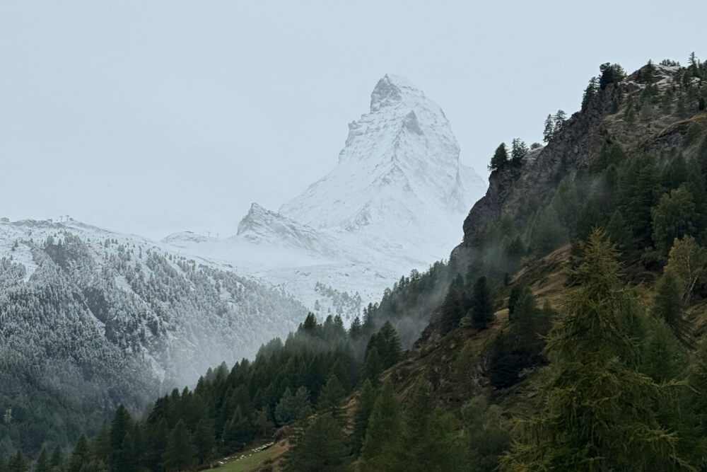 The Matterhorn viewed from The 22 Summits Hotel in Zermatt, Switzerland.