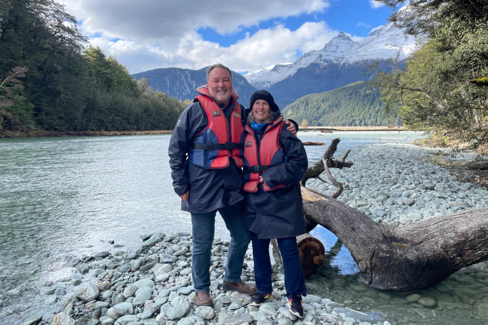 Kathy McDermott and her husband Bob on the Dart River Adventure in New Zealand.