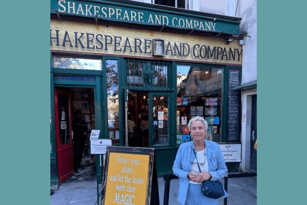 Salena Kern in front of the Shakespeare and Company bookstore in Paris, France.