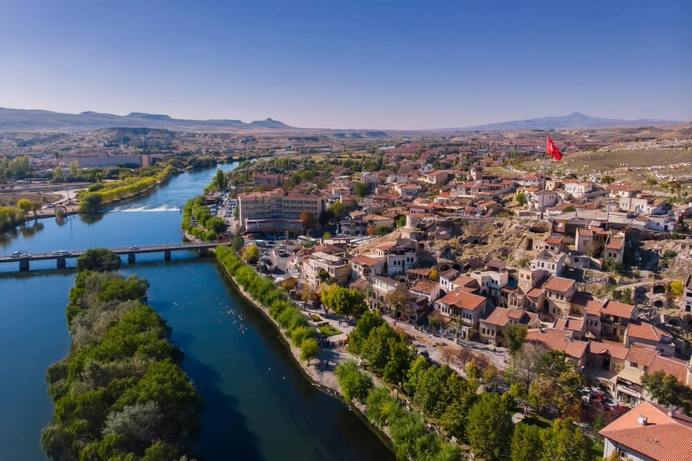 Aerial view of Avanos town and Kızılırmak River in Turkey.