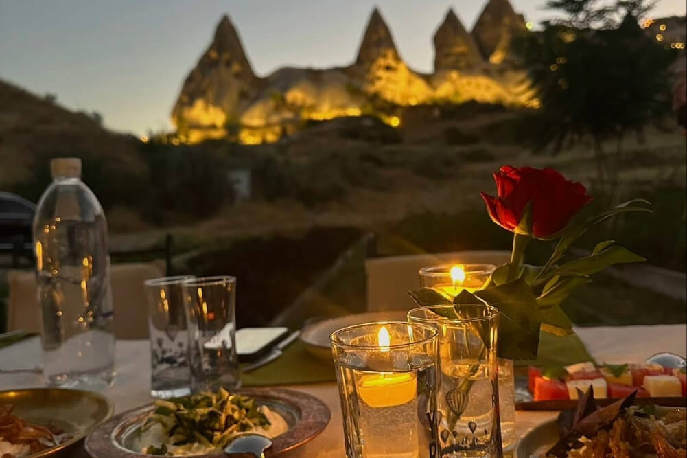 A dinner table at Millocal restaurant at Millstone Cave Suites, in Turkey.