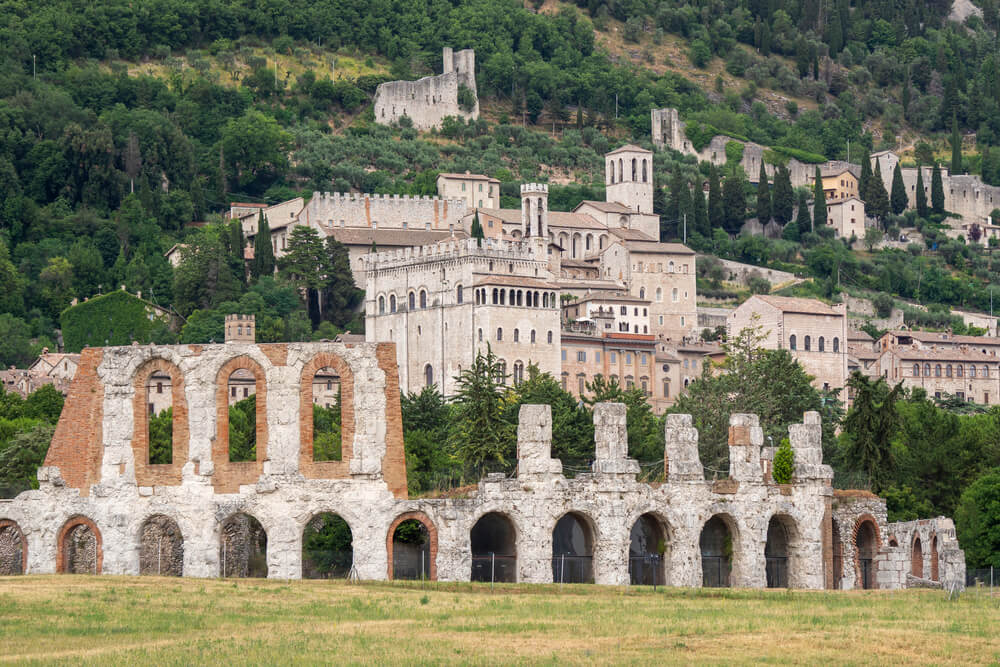 Palazzo dei Consoli and Roman Theatre in Gubbio, Umbria, Italy.