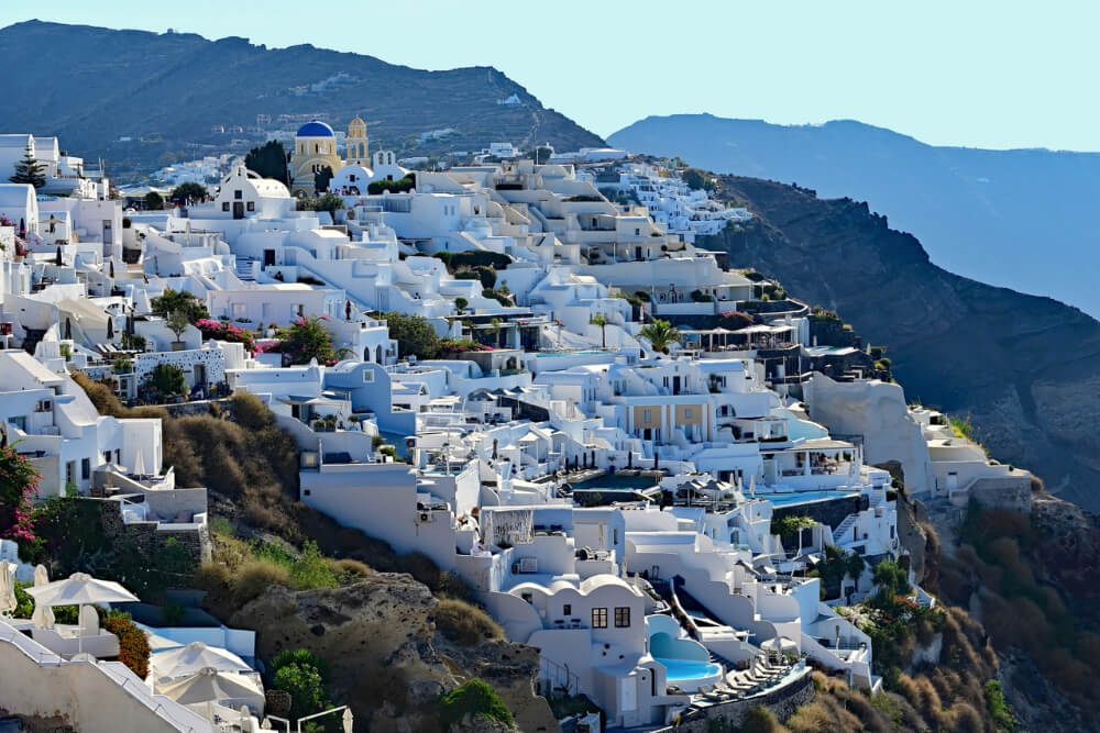 A view over the rooftops of Ia, a village in Santorini, Greece.