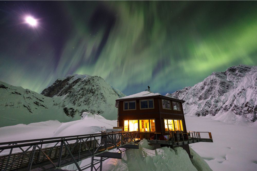 The Northern Lights over the Sheldon Chalet home on private land within Alaska's Denali National Park.