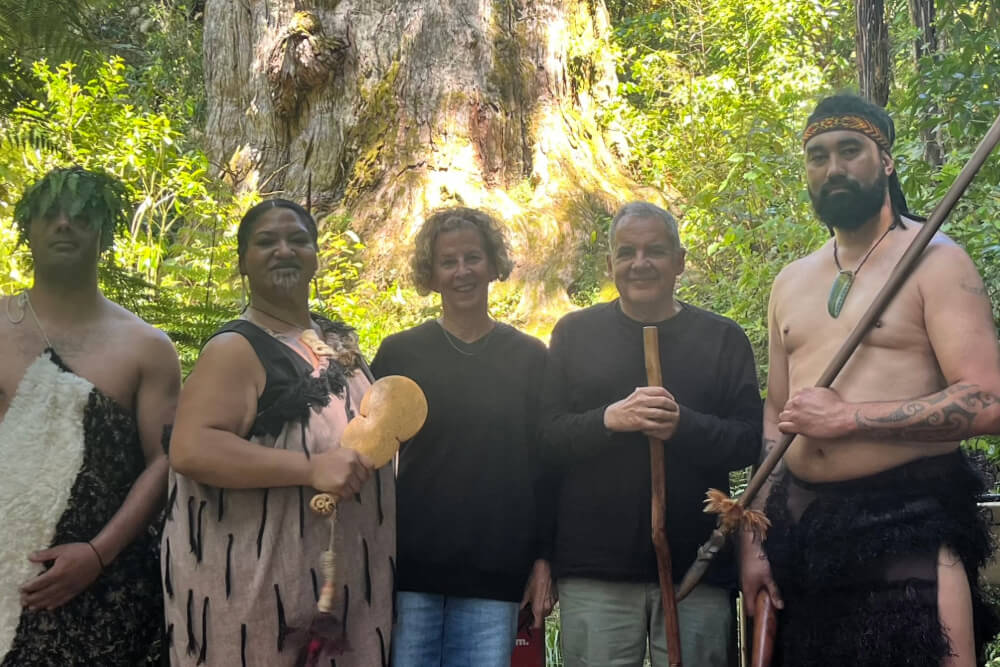 Wendy Tucker meeting Maori people in the Taupo forest, in New Zealand.