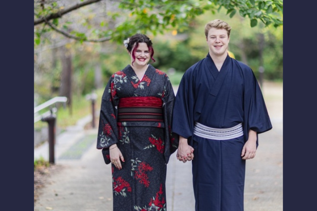 Camryn and Carson Whisenant wearing traditional kimonos in Japan.