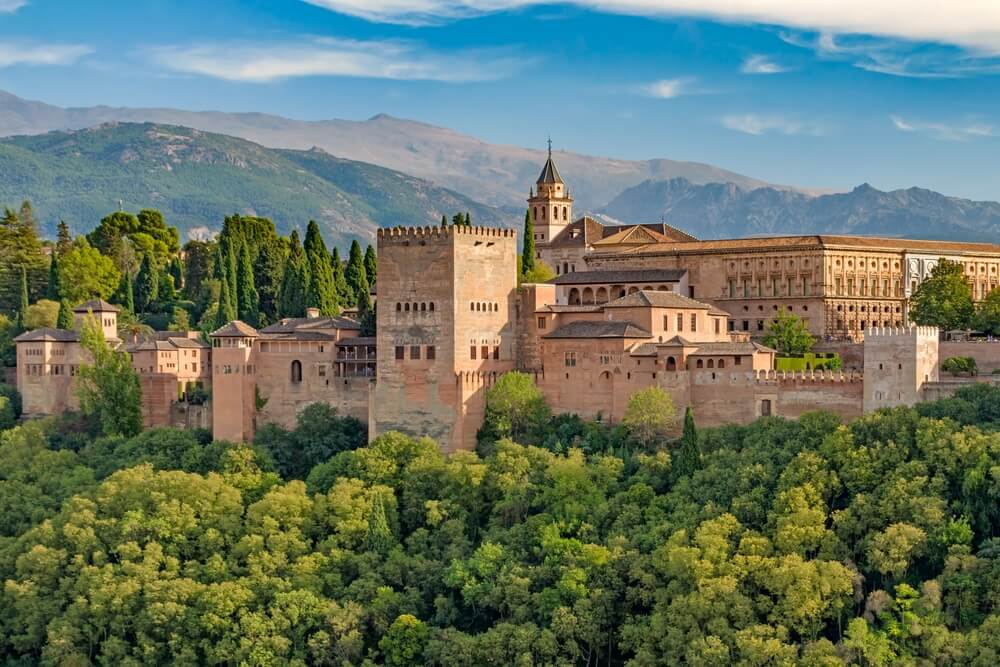 Panoramic view of the Alhambra fortress and palace complex in Granada, Spain.