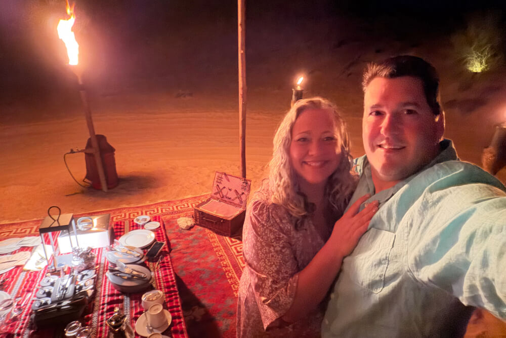Christine Stephenson and her husband during a private dinner at the desert in the United Arab Emirates.