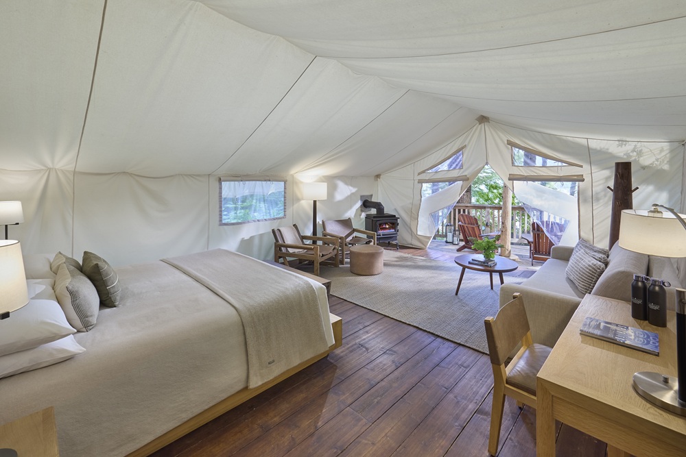 Interior of a tent at Clayoquot Wilderness Lodge in British Columbia, Canada.