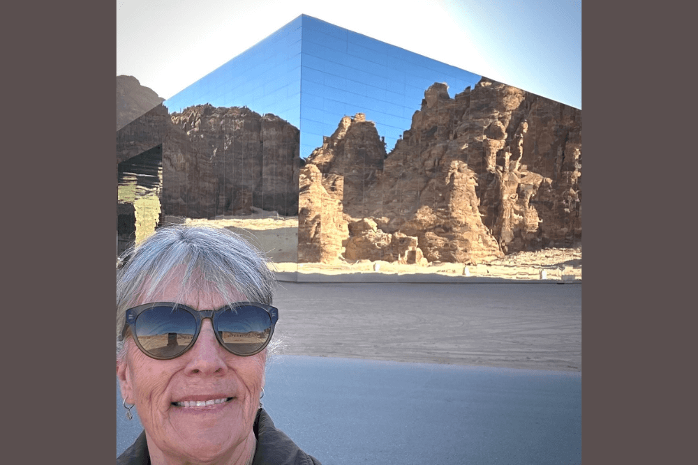 Jeannie Mullen at Maraya, a mirrored concert venue in the city of AlUla, Saudi Arabia.