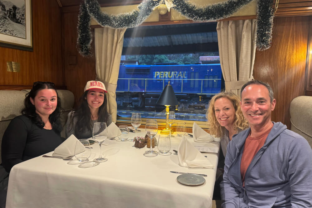 Jennifer Rosenberg and her family dining on the Hiram Bingham train from Machu Picchu to Cusco.