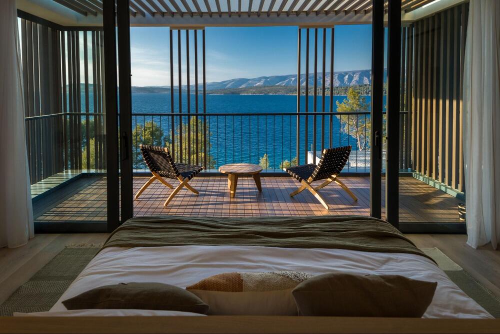 Interior of a room with a water view at the Maslina Resort in Croatia.