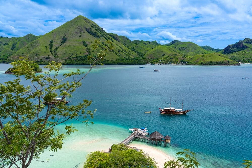 View of Komodo Island and turquoise water in Indonesia.