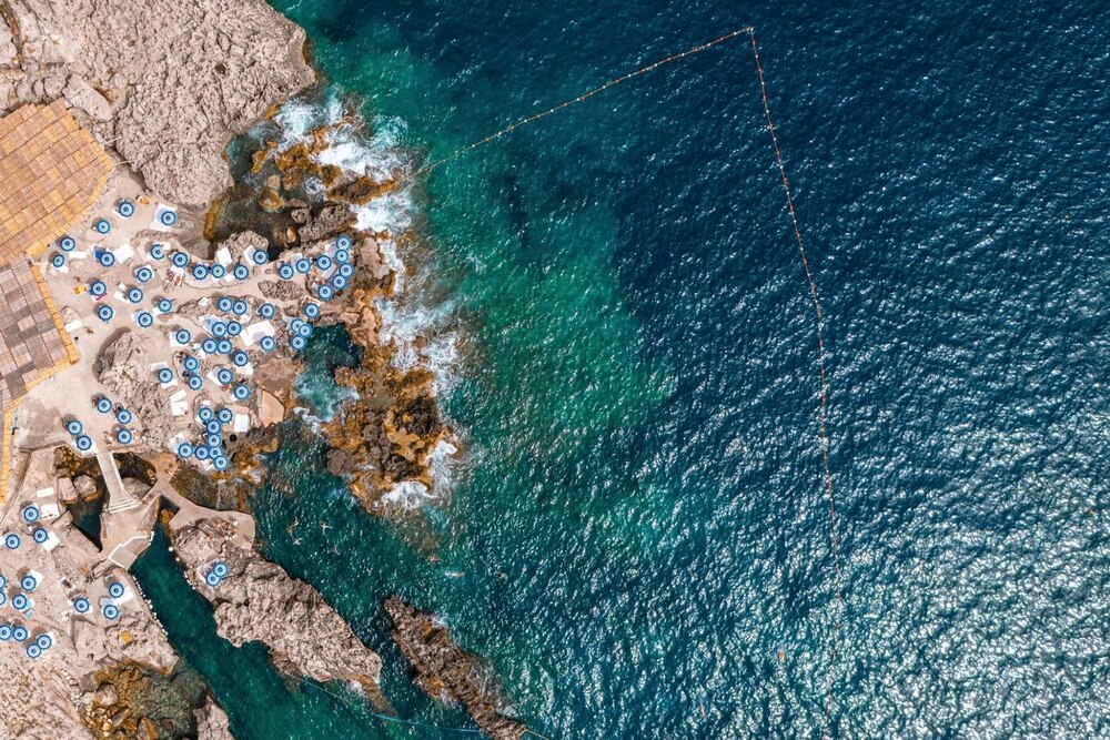 An aerial view of the Fontelina beach club on the Amalfi Coast.