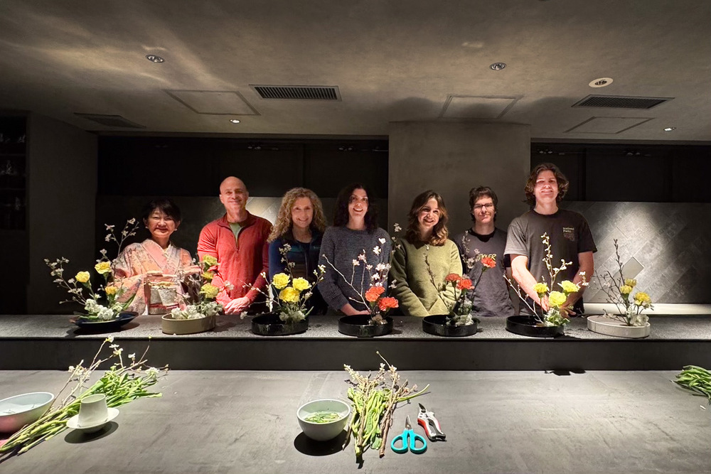 Kristen MacLeod and her family at an Ikebana workshop in Tokyo, Japan.