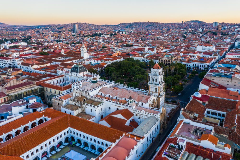 Aerial view of old streets of the colonial city Sucre, Bolivia.