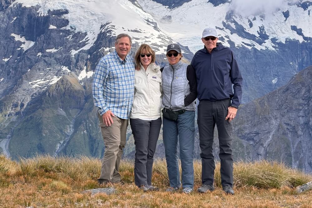 Stephen, Janis, Nancy and Arch exploring the mountains and waterways of New Zealand.