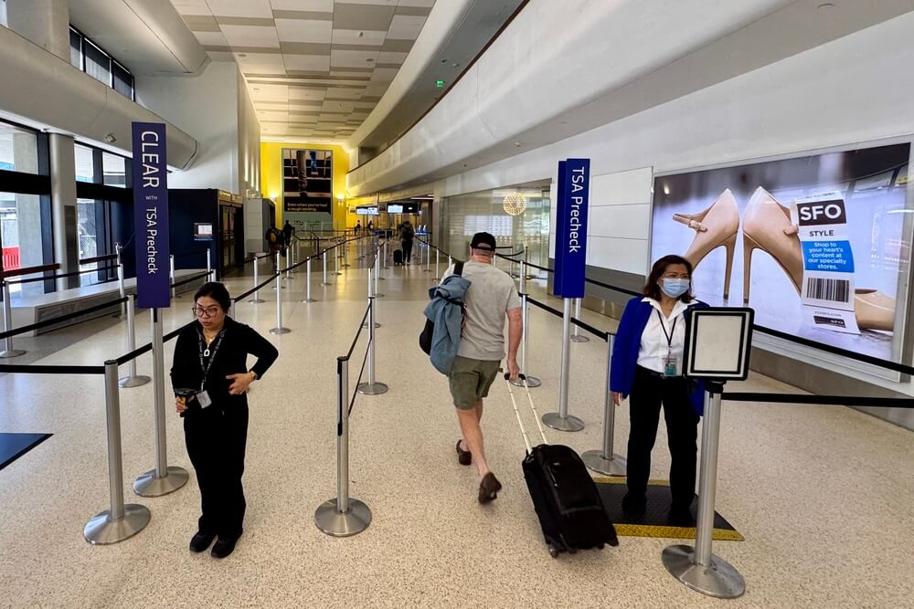 Airport security line at CLEAR TSA Precheck in SFO.
