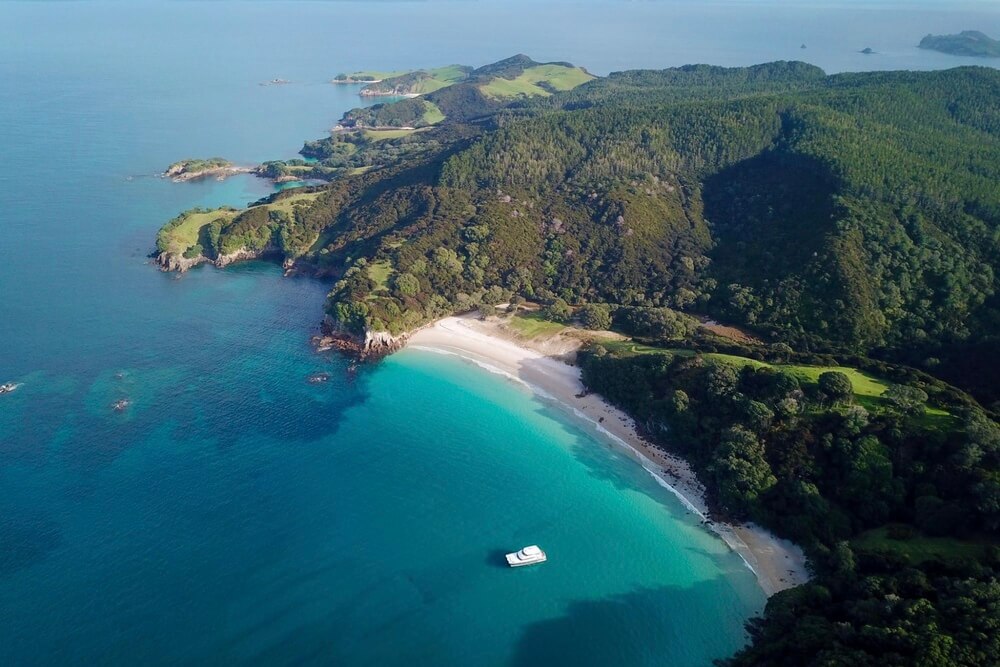 Aerial view of the Bay of Islands, on New Zealand’s North Island.