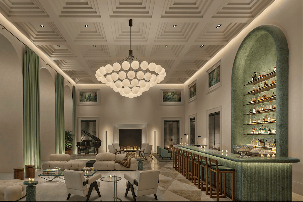 Lobby and bar at Lake Como EDITION hotel in Italy.