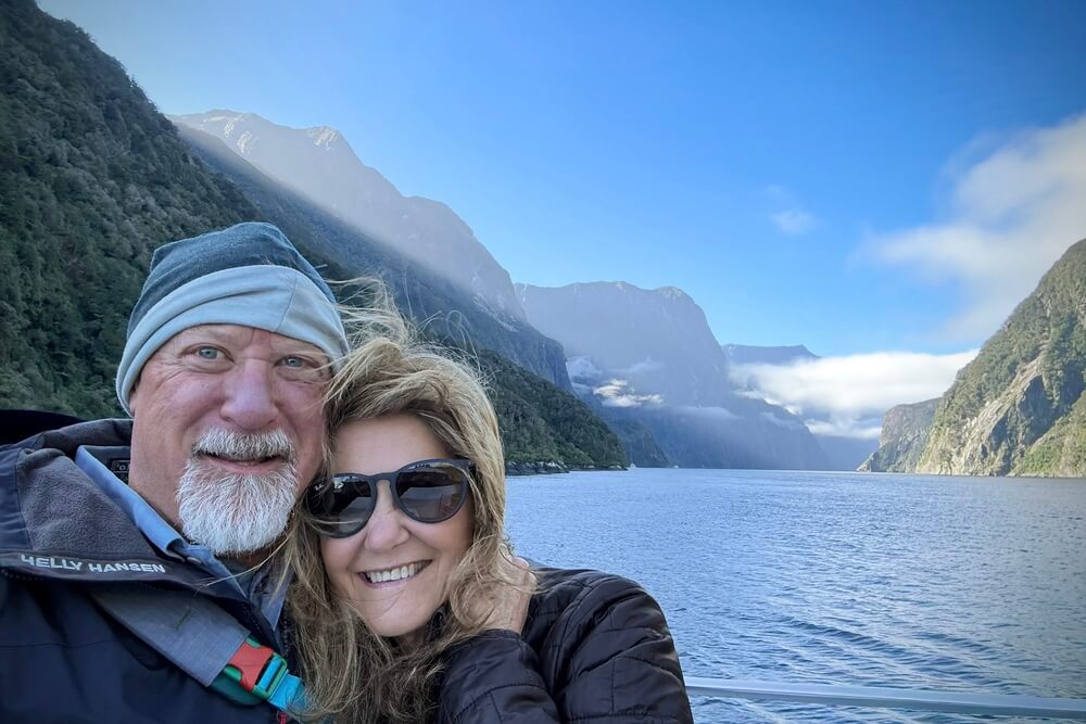Jim and Jo Anna Stewart during a Milford Sound cruise in New Zealand.