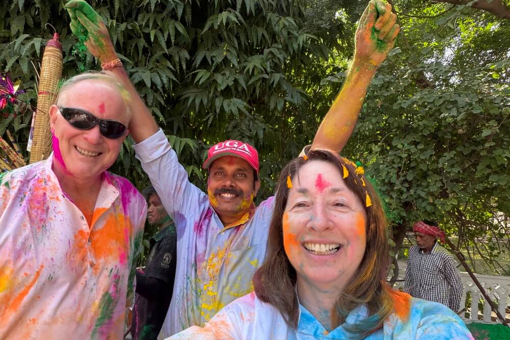 Mical Crabb and her husband at the Holi celebration in Jaipur, India.