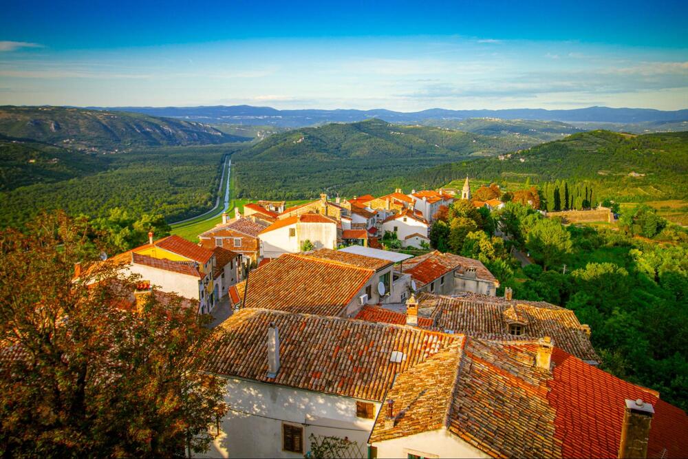 Motovun town in Istria countryside seen from a viewpoint.