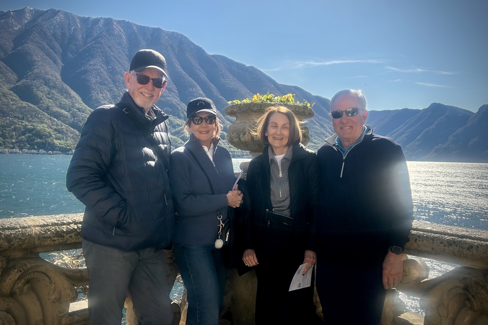 Sally and Roger Bell with friends at Lake Como, Italy.