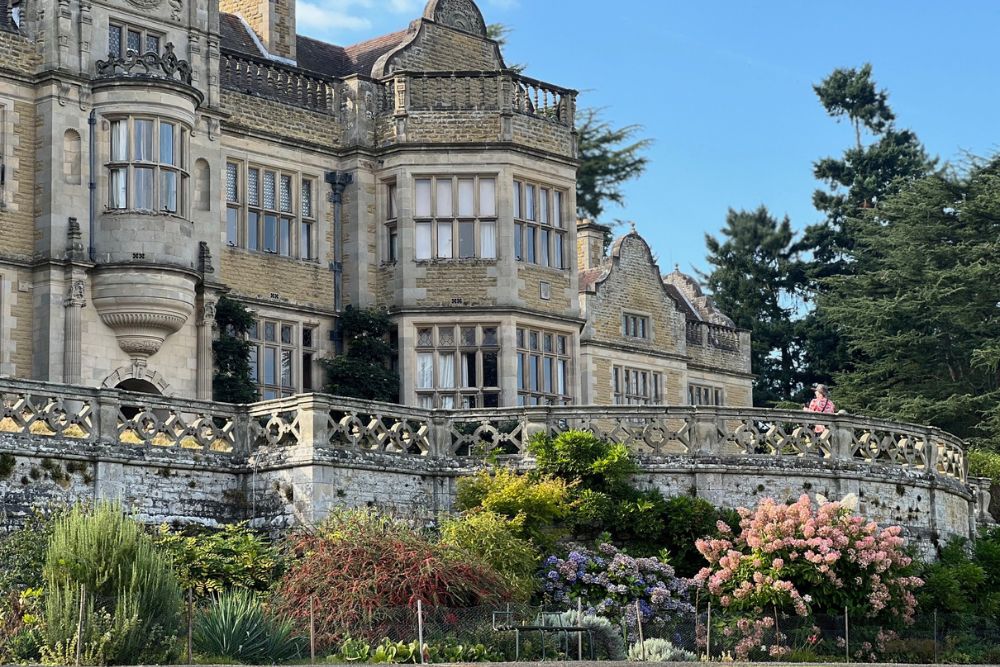 The outside view of Stokesay Court and a balcony in Shropshire, England.