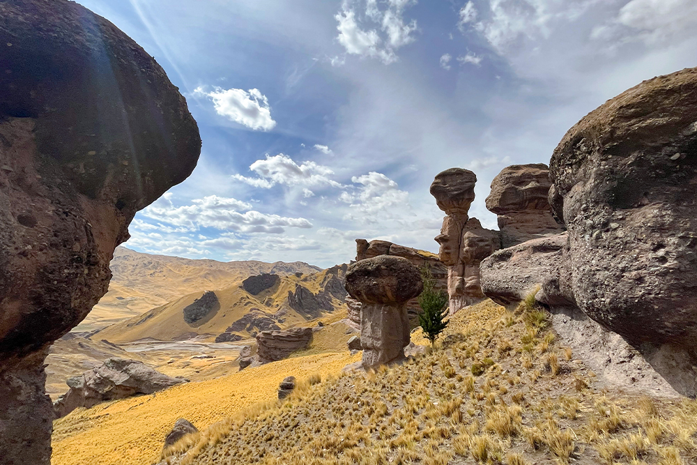 Sandstone formations in Tinajani Canyon in Puno, Peru.