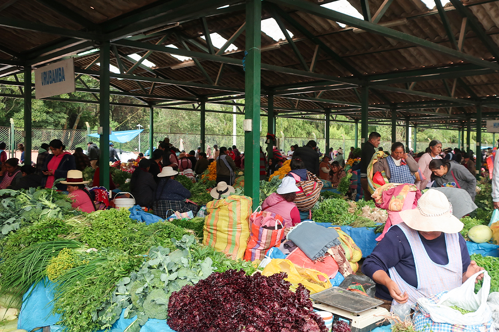 The Urubamba market in Sacred Valley has a lot of fruits and vegetables.
