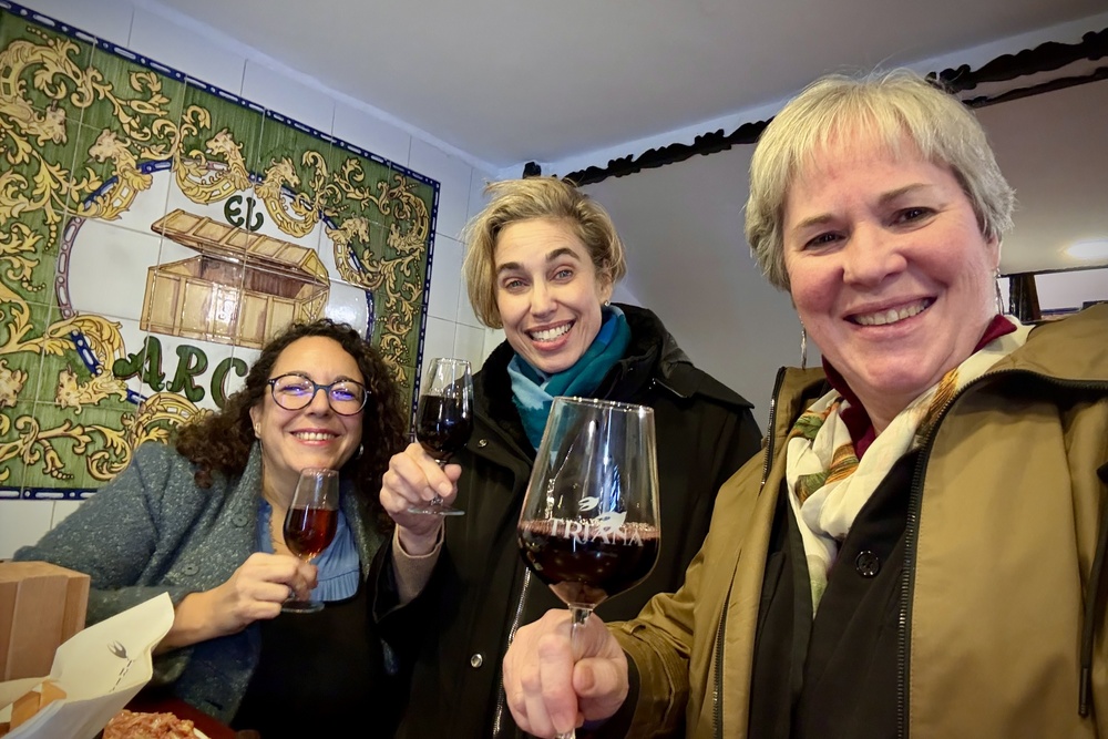 Virginia Socolof her friend Lee and guide Pilar enjoying tapas and wine in Spain.