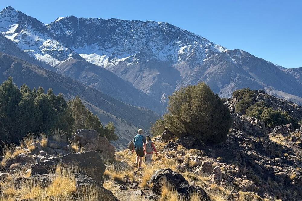 Brook Wilkinson and her son Zeke hiking in the Atlas Mountains in Morocco.