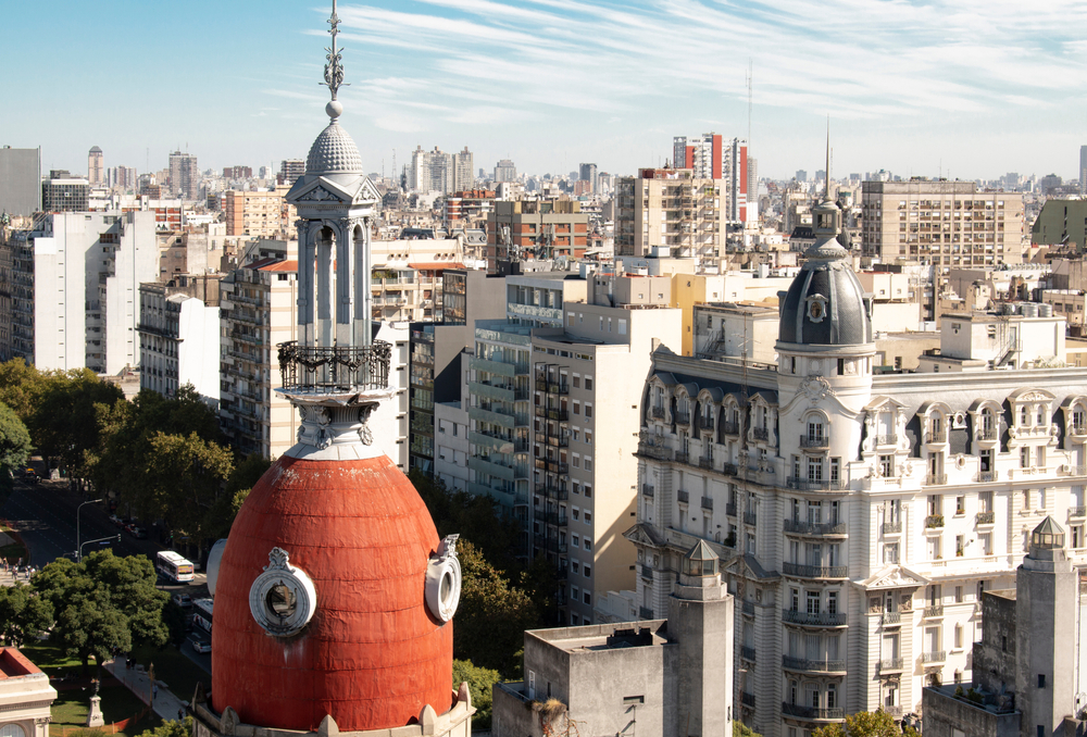 The french architecture of the buildings and domes of Buenos Aires, Argentina in Congress neighborhood.