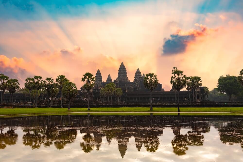 Angkor Wat ancient temple ruins in Cambodia.