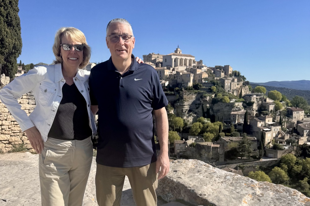 Beth Jaworski and her husband Marc at the hilltop village of Gordes in Provence, France.