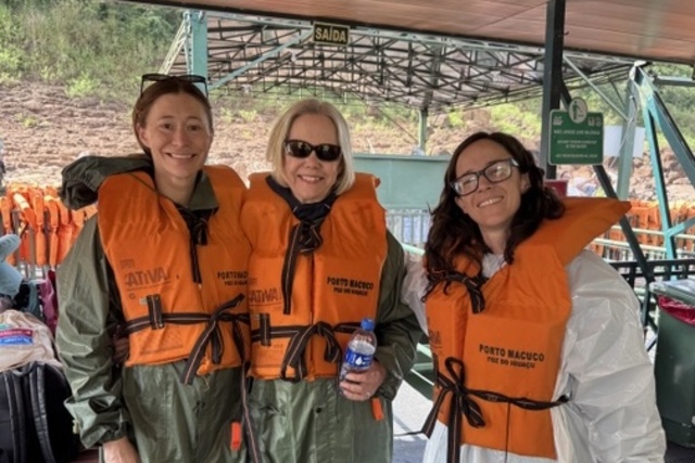 Clare and Lindsay Lanaux preparing for a boat ride at Iguazu Falls.
