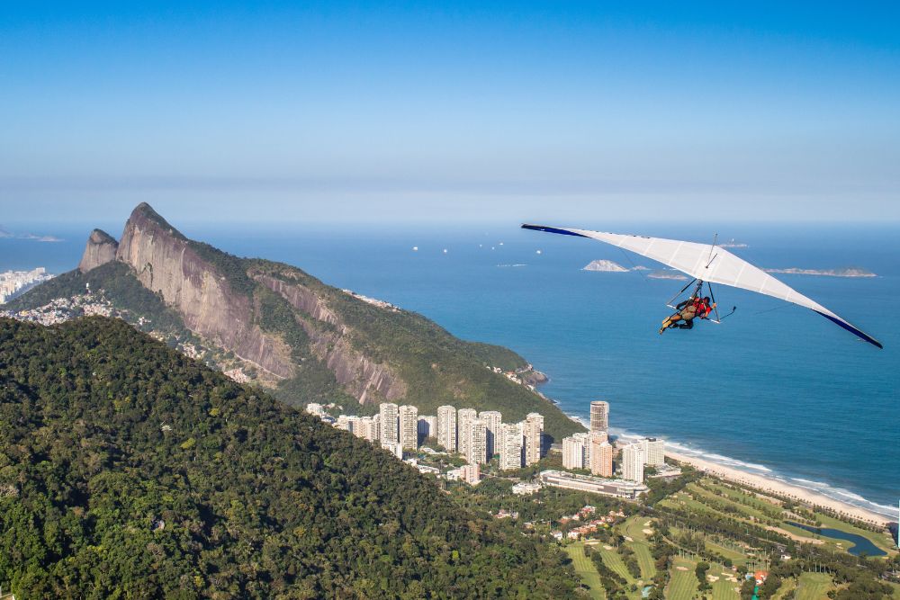 Hang gliding flight overlooking the city and the beach on a clear day in Rio de Janeiro, Brazil.