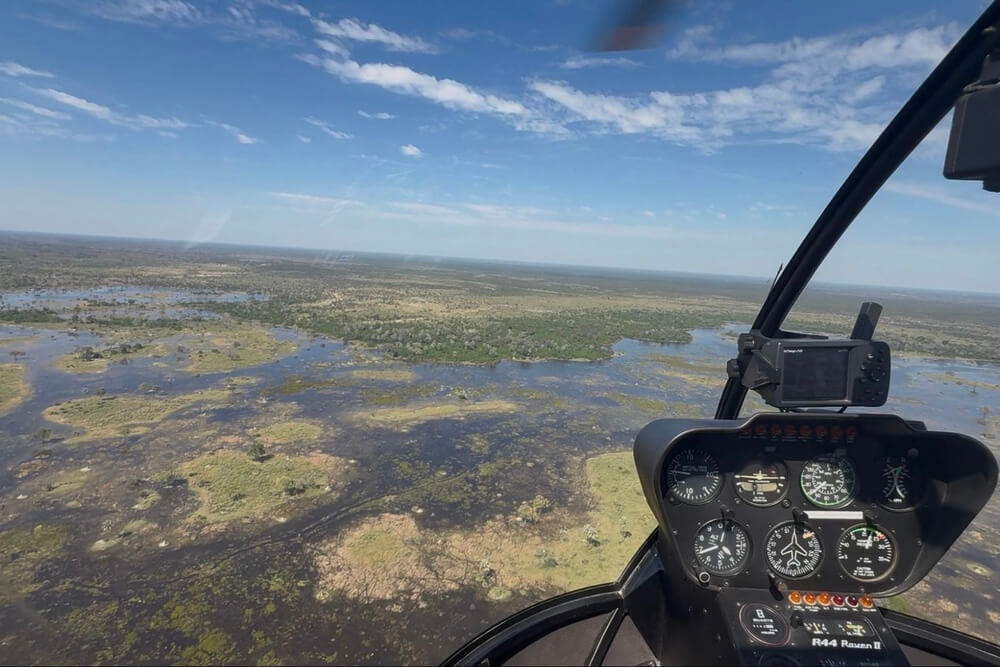 Aerial view of the Okavango Delta from a helicopter in Botswana.
