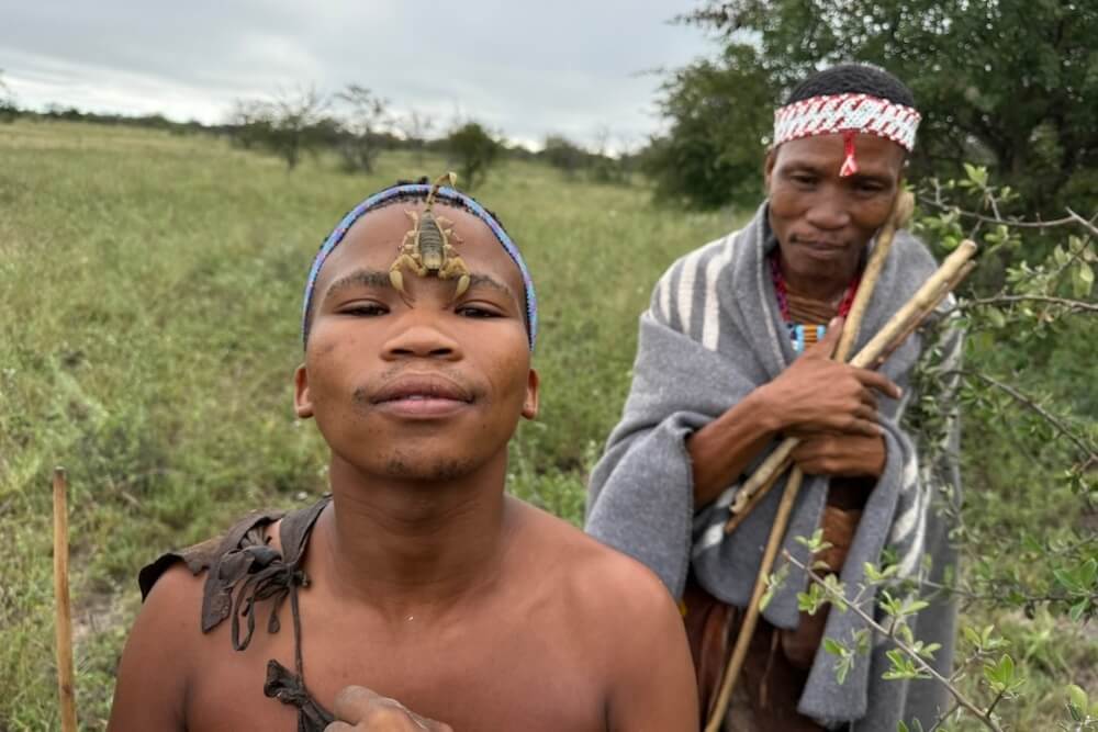 Two Bushmen in traditional cloting in Botswana.