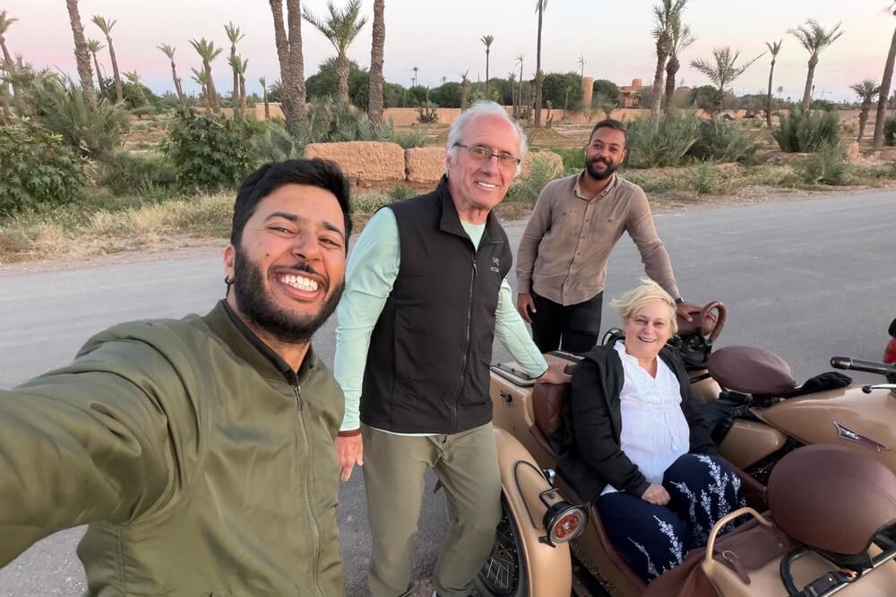 Sandy Collins and her husband Art during a sidecar tour through Marrakech, Morocco.