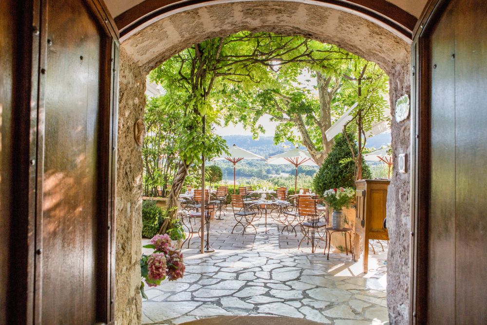 The view of the outside area with its olive groves in Alain Ducasse's Provençal hotel, La Bastide de Moustiers, France.